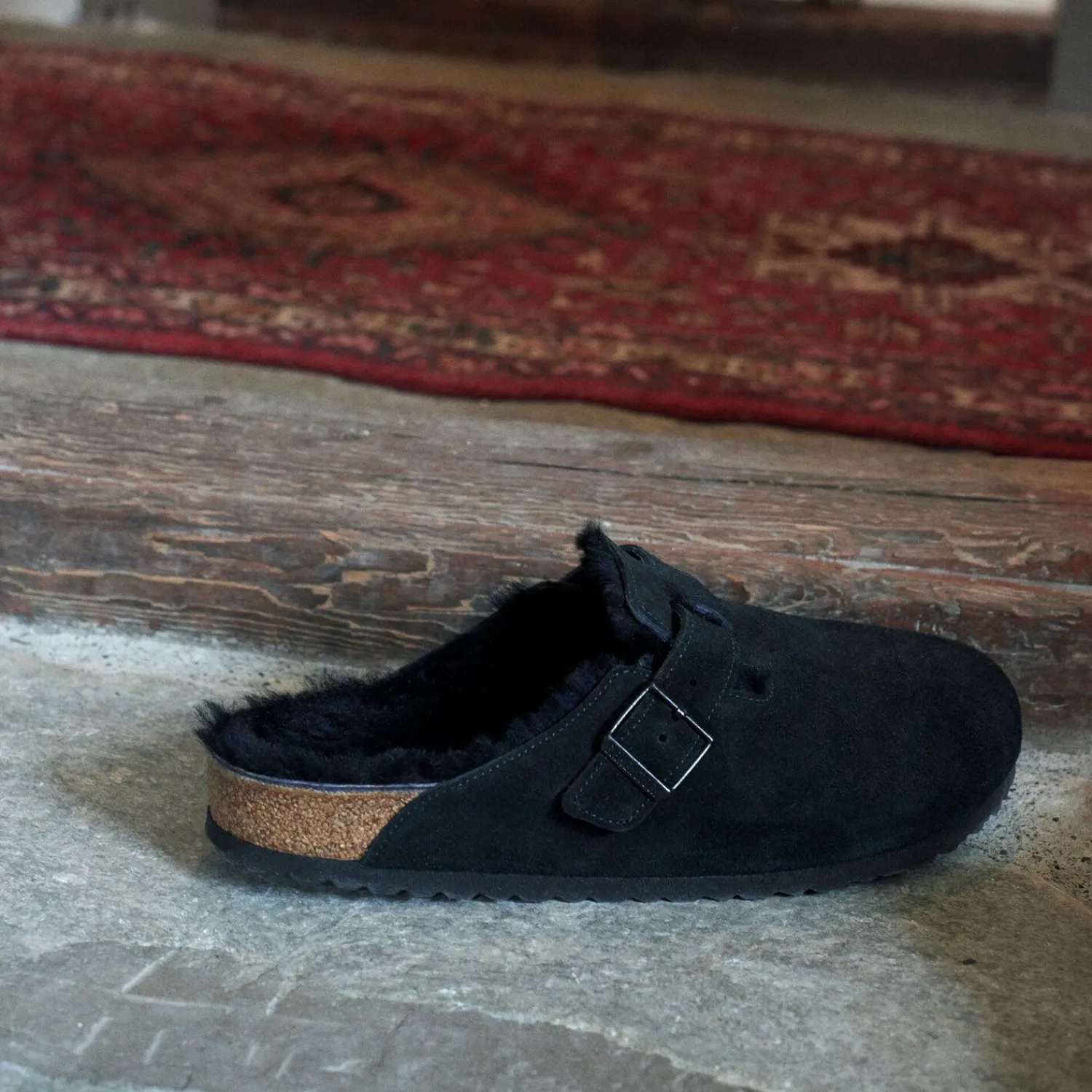 Fashion Birkenstock Boston En Fourrure D'Agneau Black