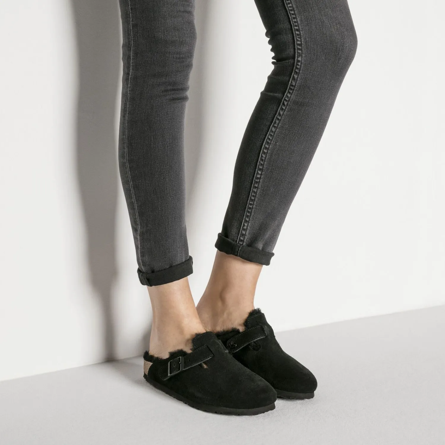Fashion Birkenstock Boston En Fourrure D'Agneau Black